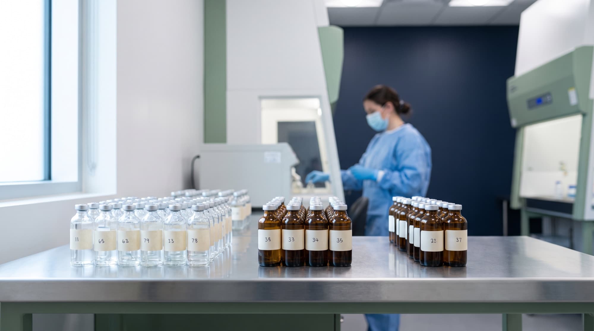 AlleReach's Dallas compounding cleanroom with rows of labeled allergen extract vials on a stainless-steel counter.