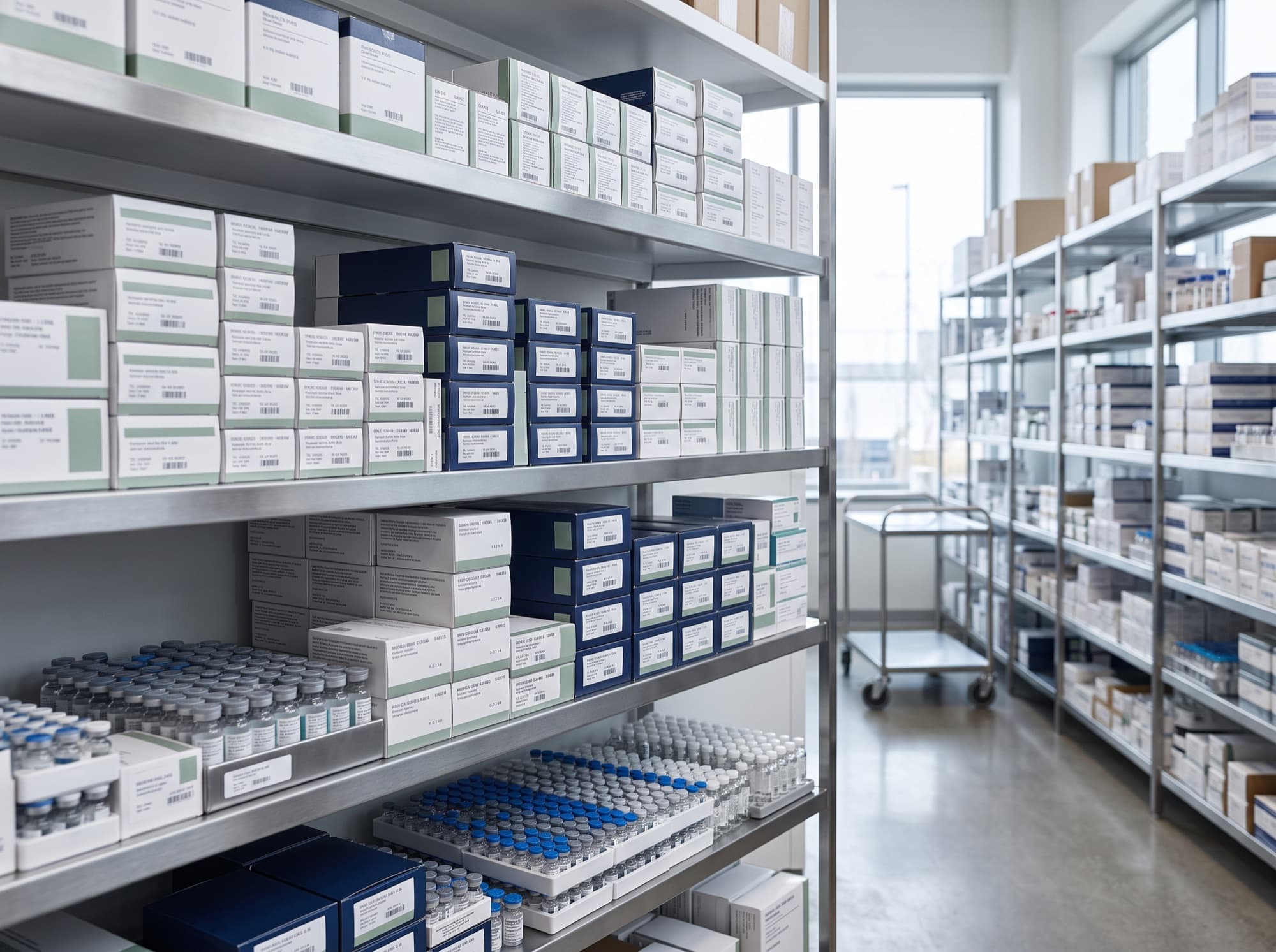 Organized pharmacy shelving stocked with allergy extracts, vials, and medical supplies ready to ship.